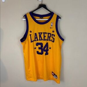 Nike Los Angeles Lakers Retired #34 Shaquille O’Neal  Gold and Purple Jersey M